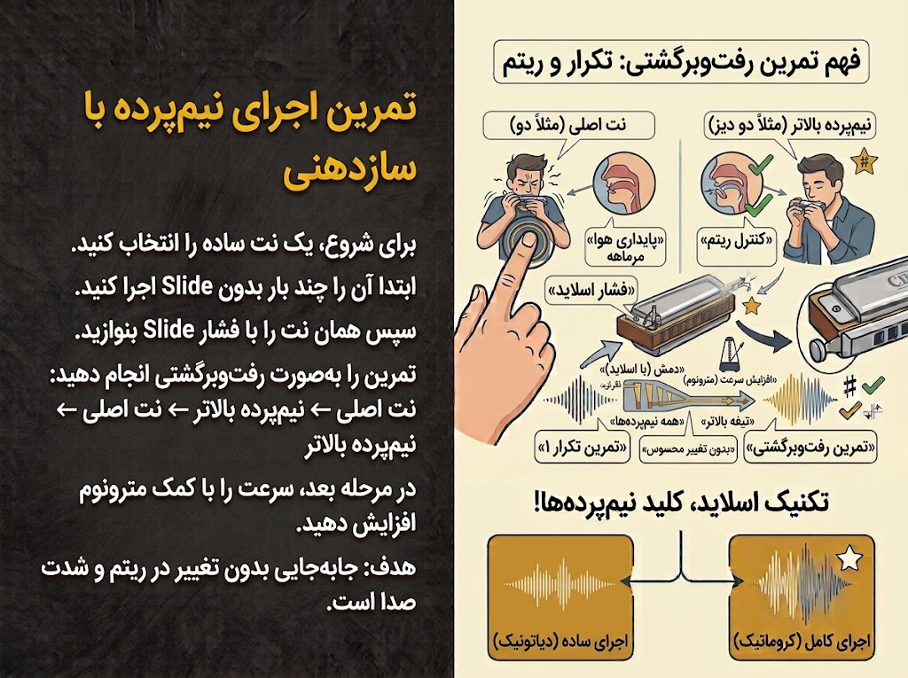 تمرین اجرای نیم پرده در سازدهنی کروماتیک