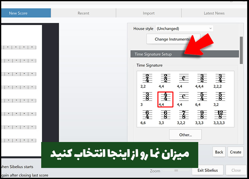 انتخاب میزان نما در تنظیمات نرم افزار نت نویسی سیبلیوس